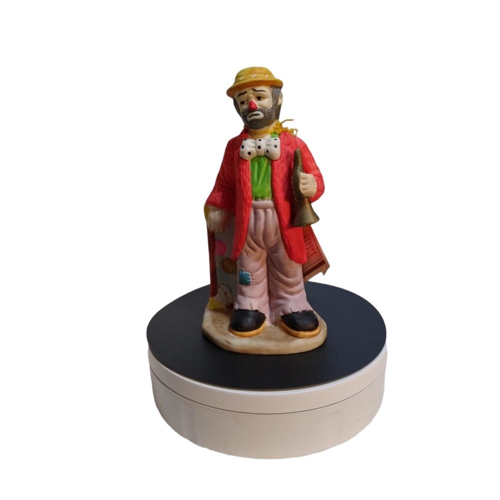 Vintage Emmett Kelly Jr Sad Clown Flambro Horn and Suitecase Figure Signed